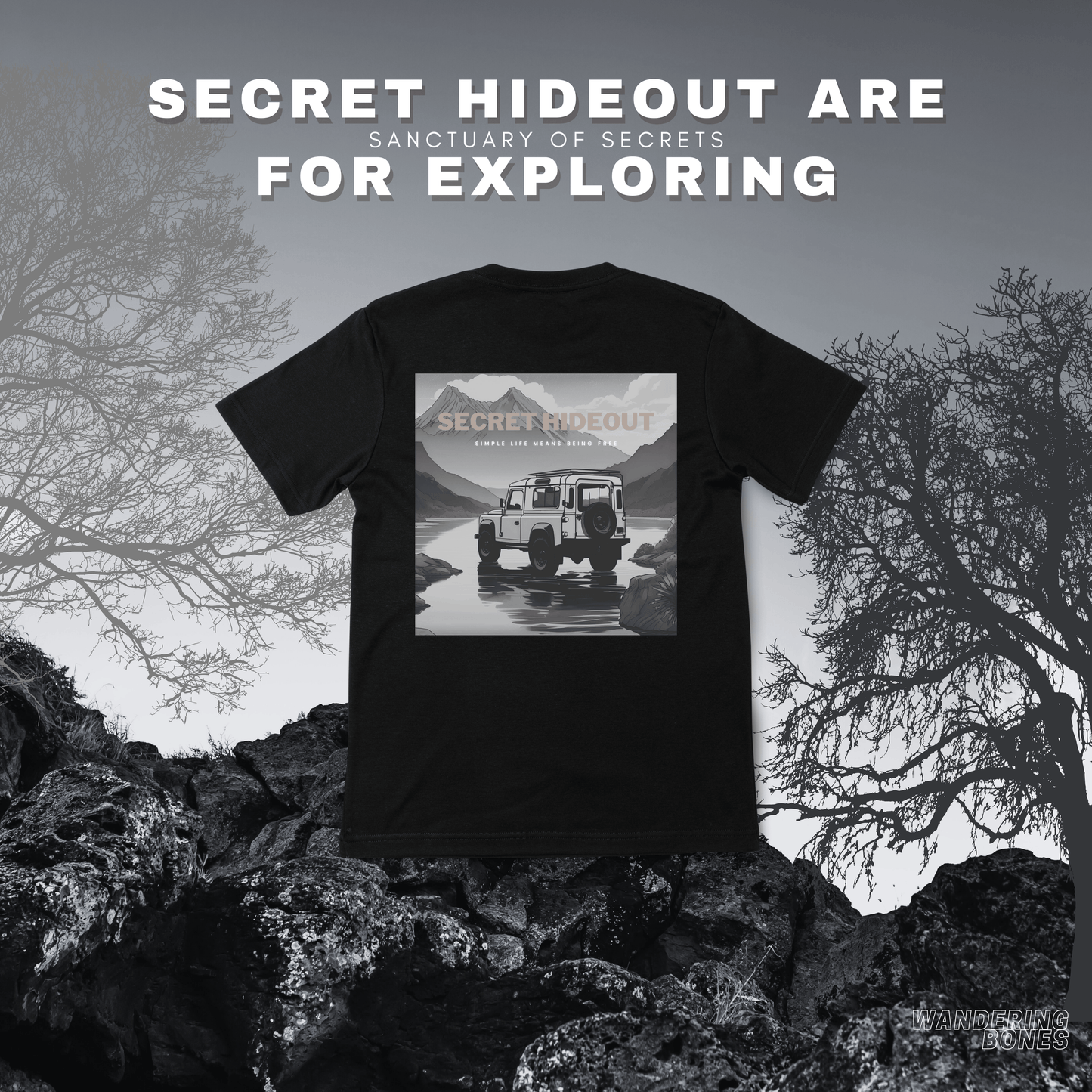 Secret Hideout Retro Outdoor Graphic Unisex Streetwear T-shirt in Black