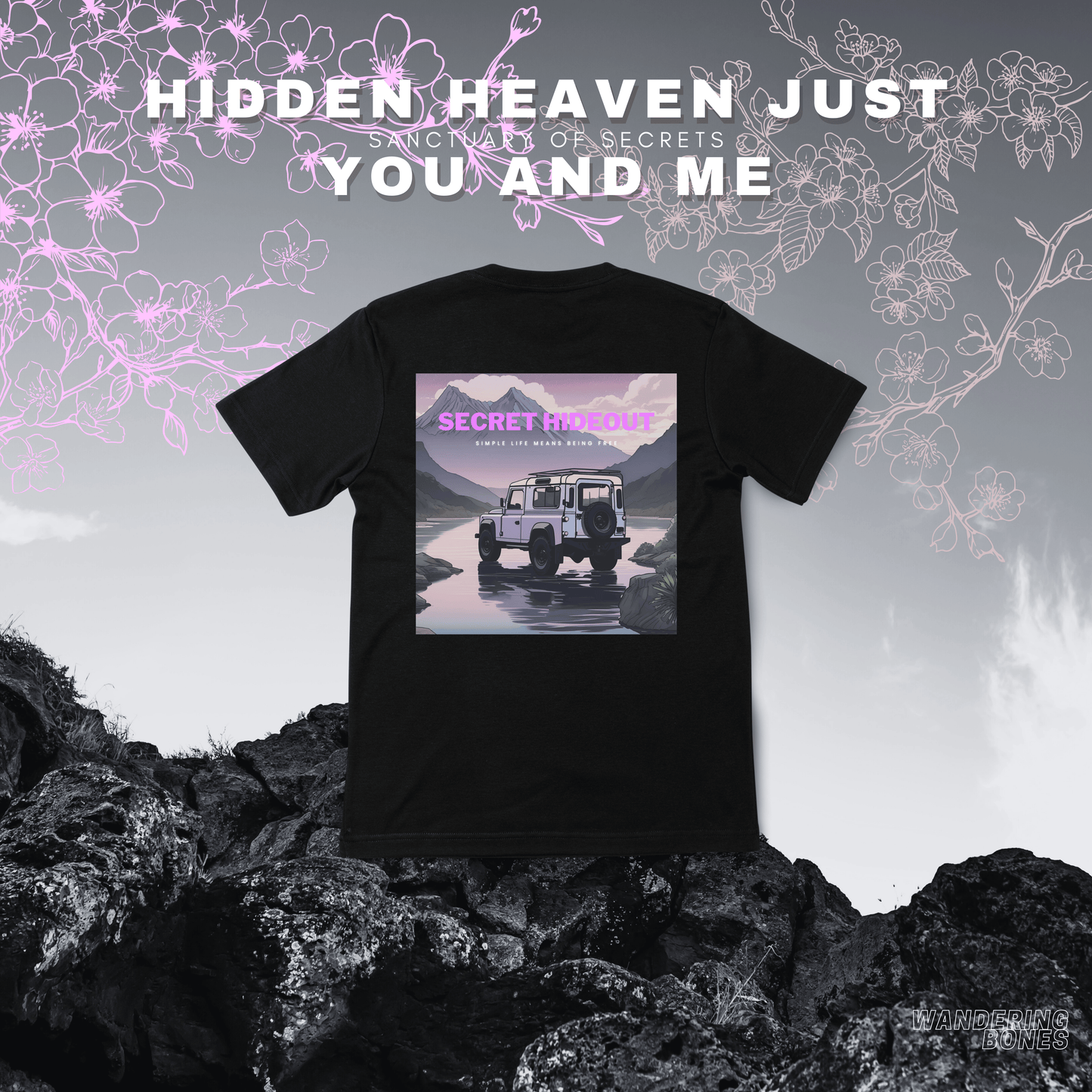 Secret Hideout Pink Retro Outdoor Graphic Unisex Streetwear T-shirt in Black