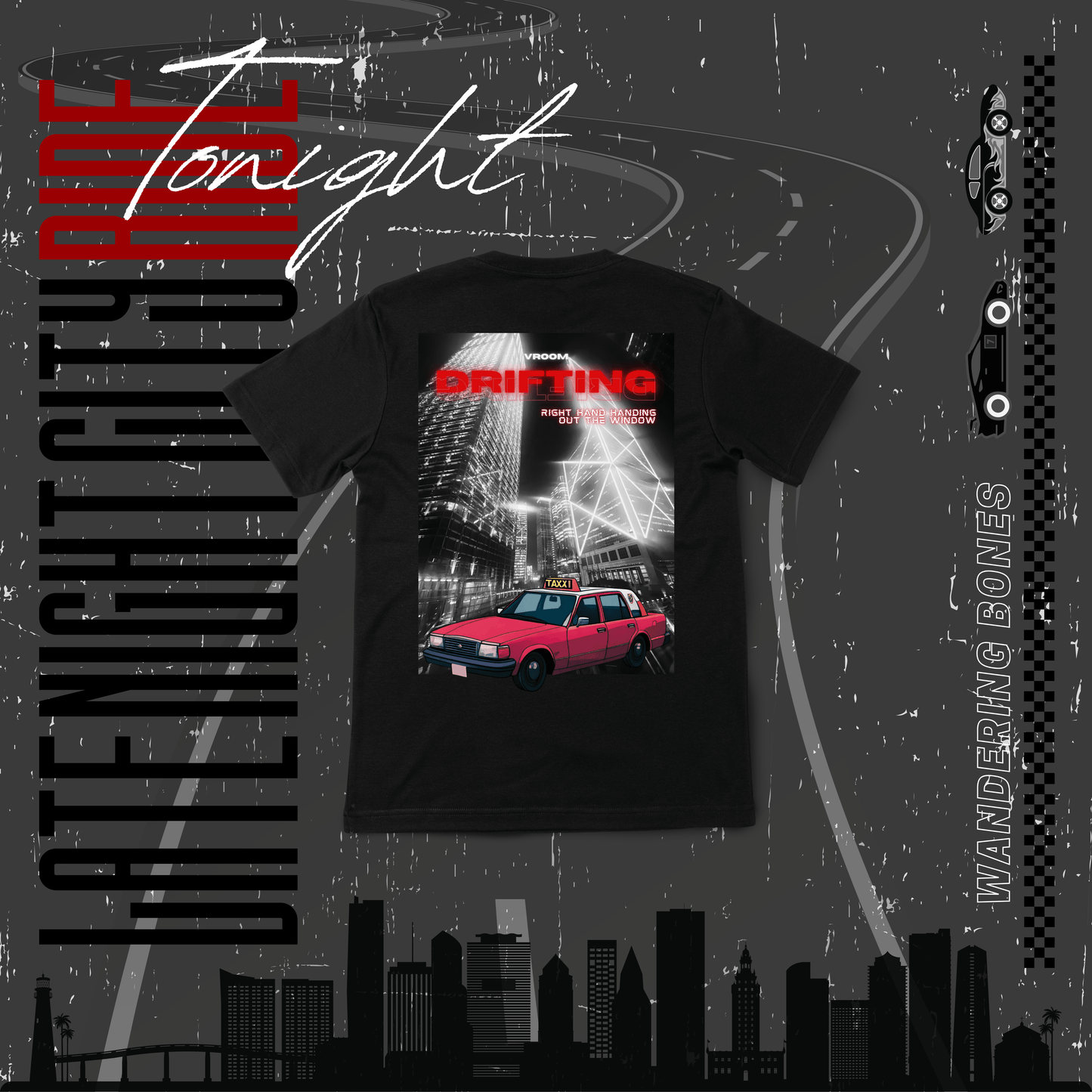 Late Night City Ride - Drifting Unisex Streetwear T-shirt in Black