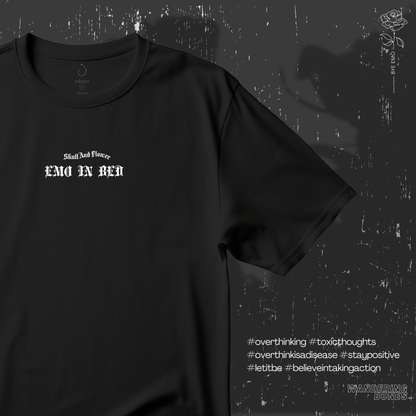 Emo In Bed Overthinking (White) Unisex Cotton Streetwear T-shirt in Black